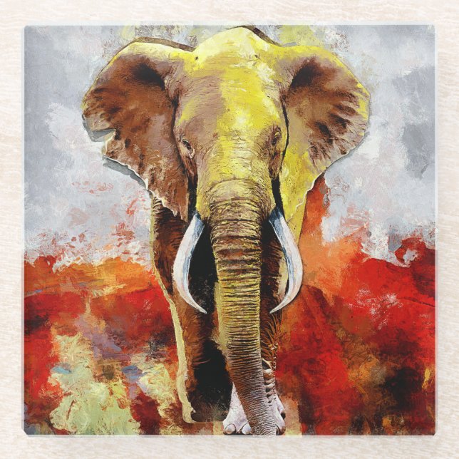 Modern Elephant Oil Painting Abstract Glass Coaster (Front)