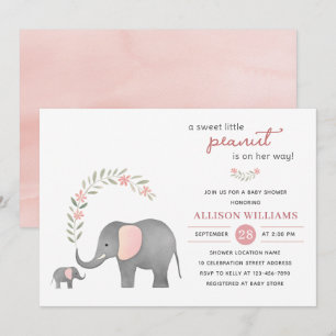 Modern Elephant Pink Floral Girl Baby Shower   Invitation