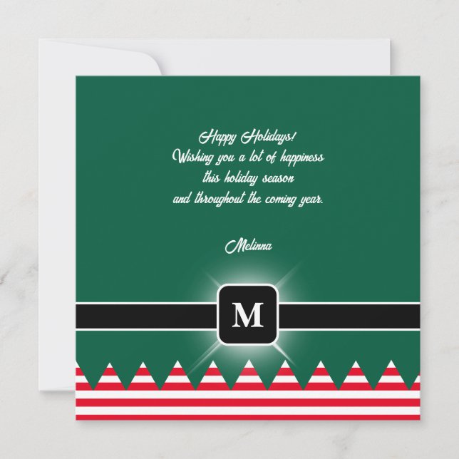 Modern Elf Pine Green Holiday Monogram Card (Front)