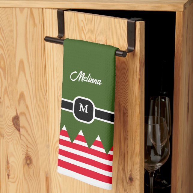 Modern Elf Pine Green Holiday Monogram Tea Towel (Thirds Fold)
