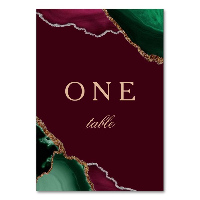 Modern Emerald Agate Burgundy Wedding 1 Table Number (Front)