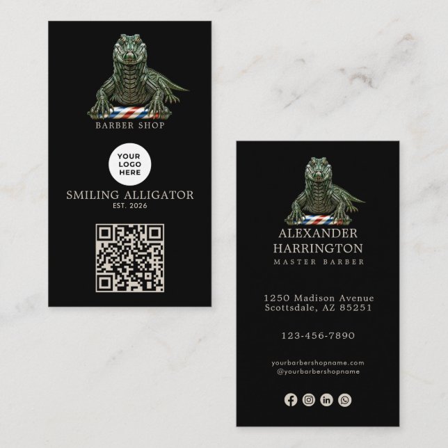 Modern Emerald Alligator Barber Shop Logo Qr Code Business Card (Front/Back)