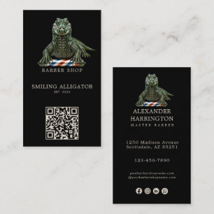 Modern Emerald Alligator Barber Shop Logo Qr Code Business Card