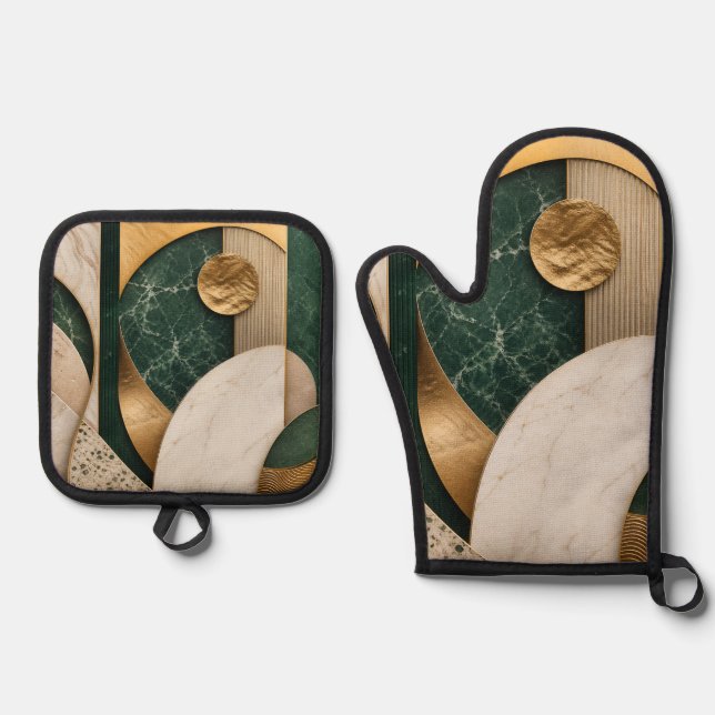 Modern Emerald and Beige Abstract Oven Mitt and Po & Pot Holder Set (Front)
