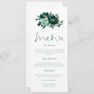 Modern Emerald and Gold Florals Wedding Menu Card