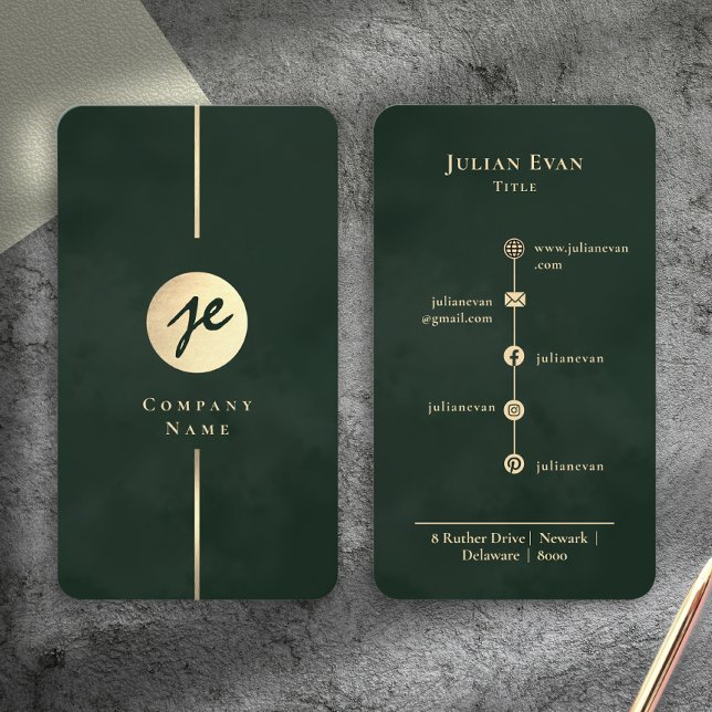 Modern Emerald Dark Green Luxe Monogram Business Card (Modern Emerald Dark Green Luxe Monogram Business Card)
