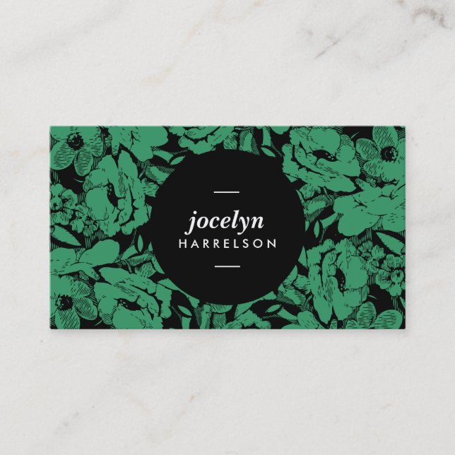 Modern Emerald Flowers Black Circle Business Card (Front)