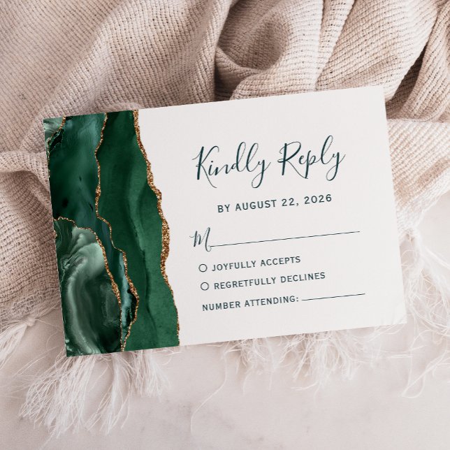 Modern Emerald Gold Agate Green Script Wedding RSVP Card (Creator Uploaded)