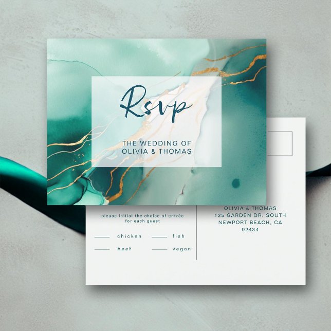 Modern Emerald Gold Boho Beach Wedding Meal RSVP Invitation Postcard (emerald green modern summer beach wedding rsvp meal choice romantic elegant bohemian gold chic)
