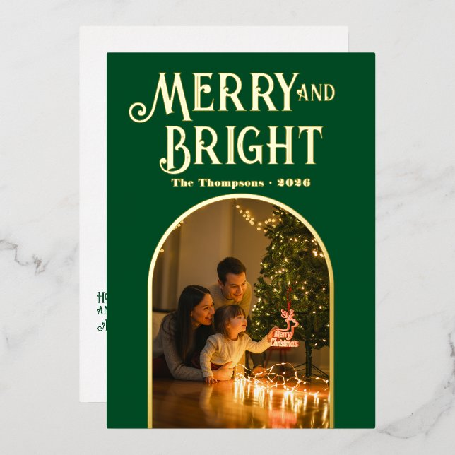 Modern Emerald & Gold Christmas Photo Foil Holiday Card (Front/Back)