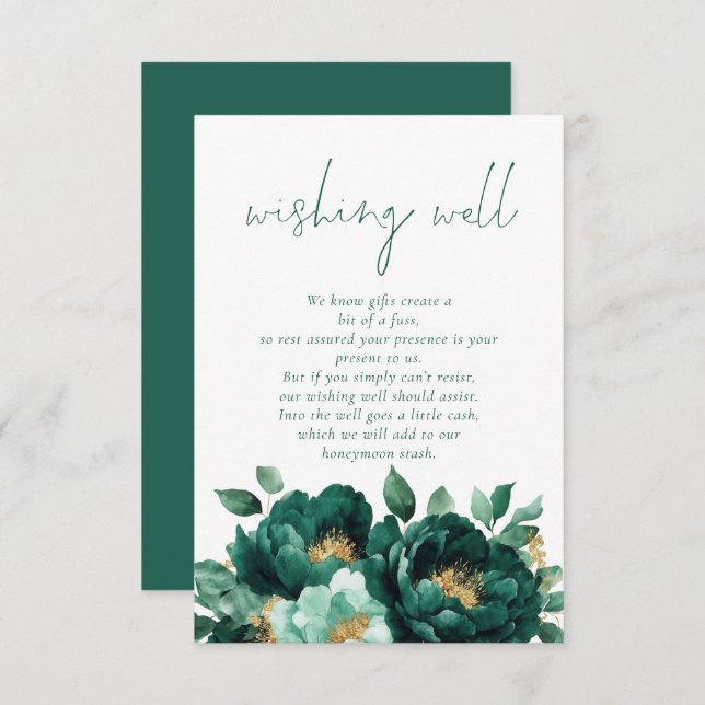 Modern Emerald Gold Florals Wedding Wishing Well Enclosure Card (Front/Back)