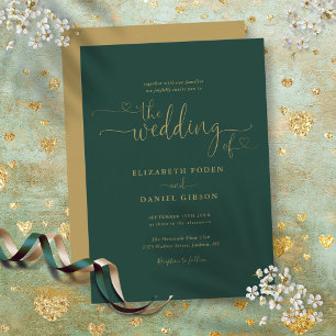 Modern Emerald Gold Hearts Calligraphy Wedding Invitation