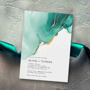 Modern Emerald Gold Ocean Waves Beach Wedding Invitation