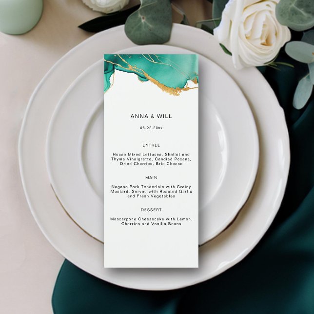 Modern Emerald Gold Teal Summer Beach Chic Wedding Menu (emerald green gold teal beach wedding menu summer waves modern elegant romantic bohemian)