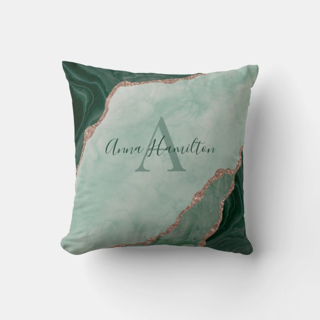 Modern Emerald Green Agate Geode Monogram Cushion (Front)