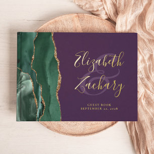 Modern Emerald Green Agate Gold Script Purple Guest Book
