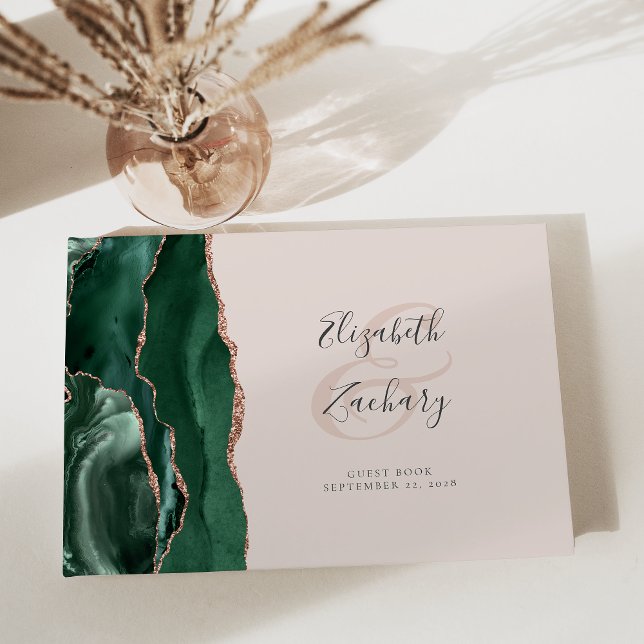Modern Emerald Green Agate Rose Gold Script Blush Guest Book (Creator Uploaded)