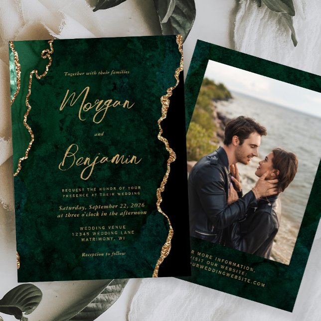 Modern Emerald Green Agate Script Photo Wedding Invitation (Creator Uploaded)