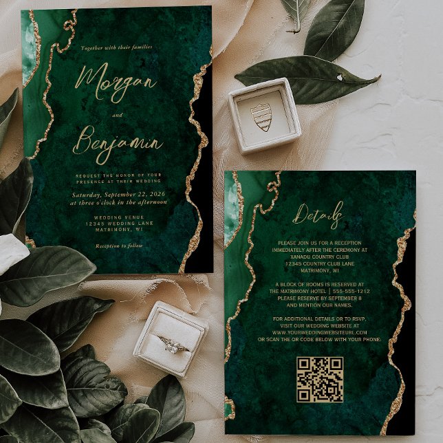 Modern Emerald Green Agate Script QR Code Wedding Invitation (Creator Uploaded)