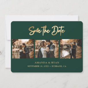 Modern Emerald Green and Gold Foil Wedding 3 Photo Save The Date
