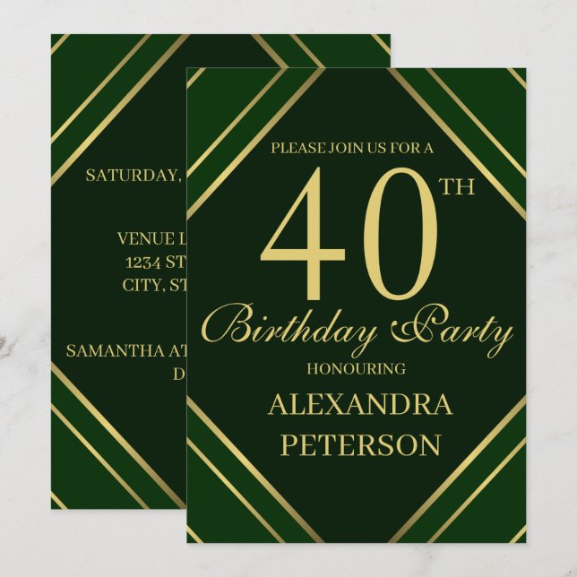 Modern Emerald Green And Gold Stripes Birthday Invitation (Front/Back)
