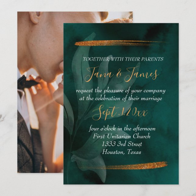 modern emerald green and leaves invitation (Front/Back)