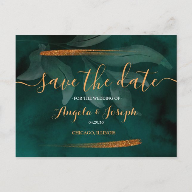 modern emerald green and leaves Save the Date Post Postcard (Front)