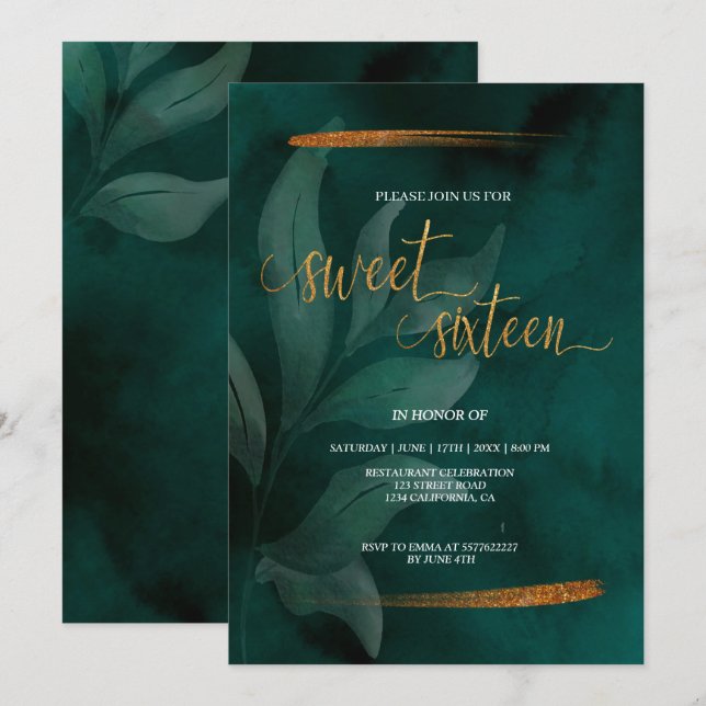 modern emerald green and leaves sweet 16 invitatio invitation (Front/Back)