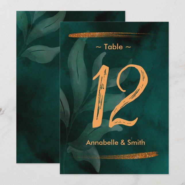 modern emerald green and leaves table number (Front/Back)