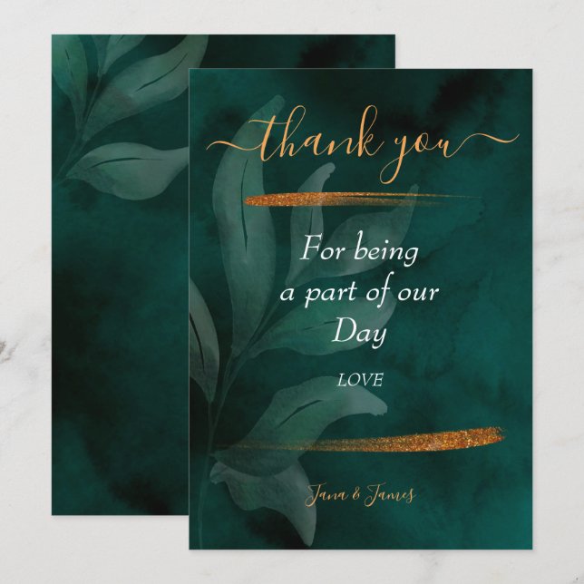 modern emerald green and leaves thank you invitation (Front/Back)