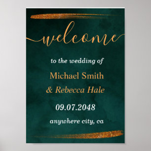 modern emerald green and leaves  Wedding Welcome Poster