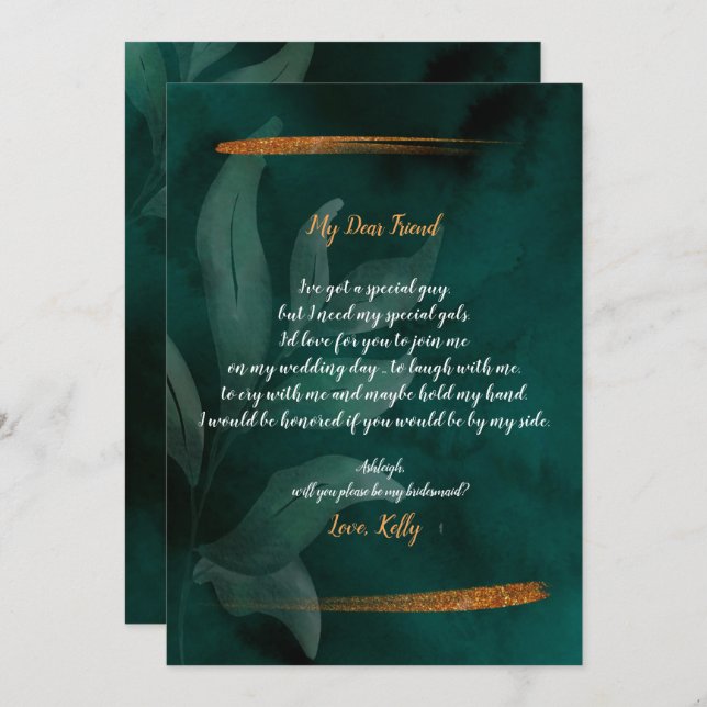 modern emerald green and leavwill be my bridesmaid invitation (Front/Back)