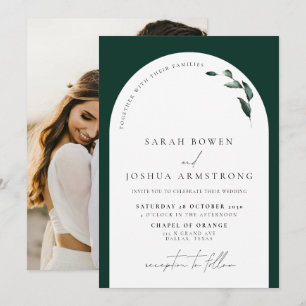 Modern Emerald Green Arch Botanical Photo Wedding Invitation