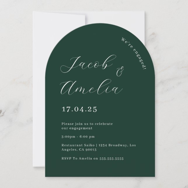 Modern Emerald Green Arch Engagement Party   Invitation (Front)