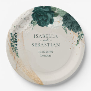 Modern Emerald Green Beige Floral Elegance Paper Plate