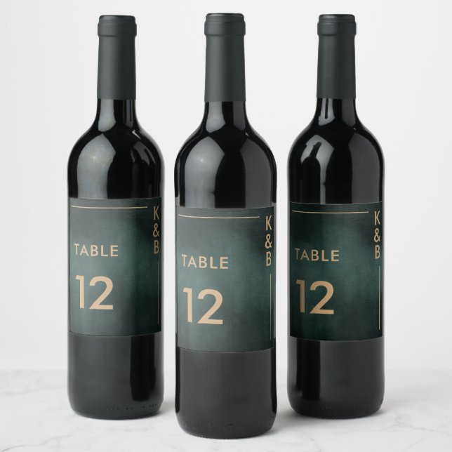 Modern Emerald Green Black Wedding Table Number Wine Label (Bottles)