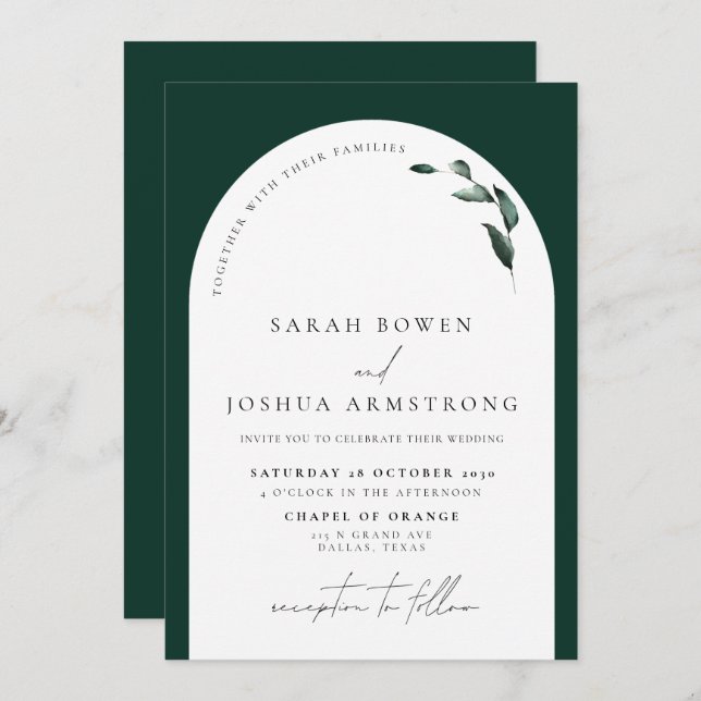 Modern Emerald Green Botanical Script Wedding Invitation (Front/Back)