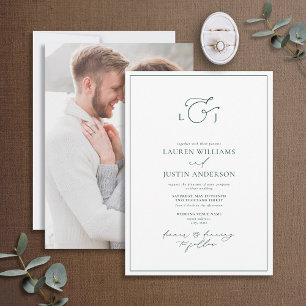 Modern Emerald Green Calligraphy Monogram Photo Invitation