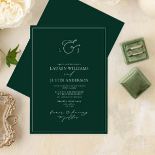 Modern Emerald Green Calligraphy Monogram Wedding Invitation