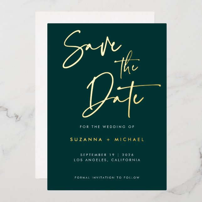 Modern Emerald Green Calligraphy Wedding Save Date (Front/Back)
