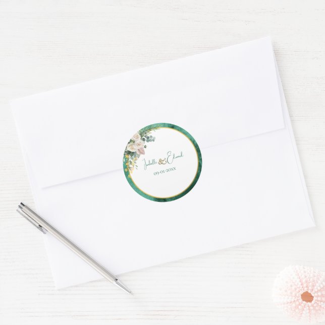 Modern Emerald Green Colour Wash Blush Floral Classic Round Sticker (Envelope)
