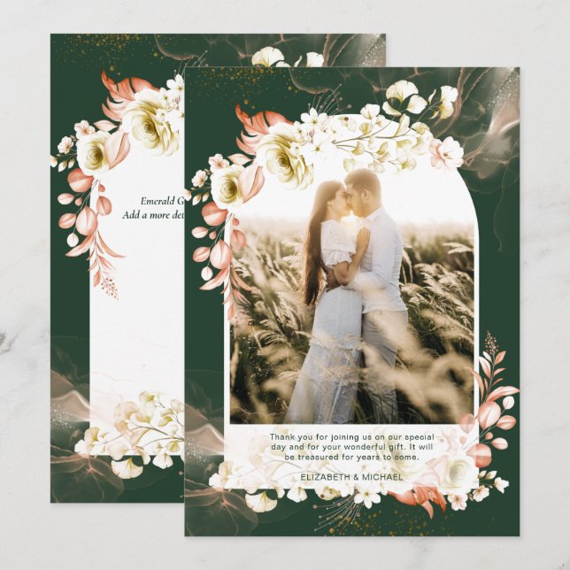 Modern Emerald Green Coral Floral PHOTO THANK YOU Card (Front/Back)