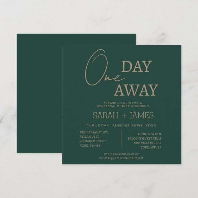 Modern Emerald Green Day Away Rehearsal Dinner  Invitation (Front/Back)
