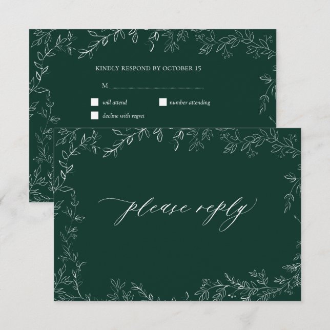 Modern Emerald Green Elegant Leaf Wedding RSVP (Front/Back)