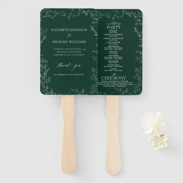 Modern Emerald Green Elegant Wedding Program Hand Fan (Front and Back)