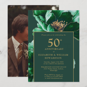 Modern Emerald Green Floral 50th Anniversary Photo Invitation
