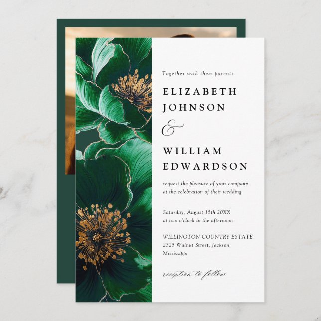 Modern Emerald Green Floral Photo QR Code Wedding Invitation (Front/Back)