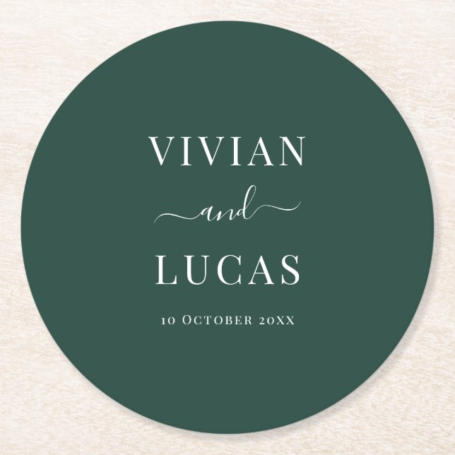 Modern Emerald Green Formal Minimal Wedding Round Paper Coaster (Front)