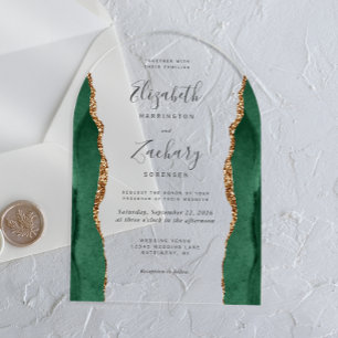 Modern Emerald Green Gold Agate Arch Wedding Acrylic Invitations