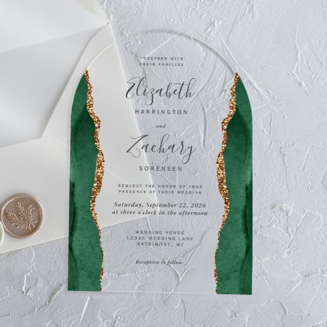 Modern Emerald Green Gold Agate Arch Wedding Acrylic Invitations (Creator Uploaded)
